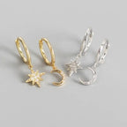 Star and Moon Hoop Earrings with Gold Zircon