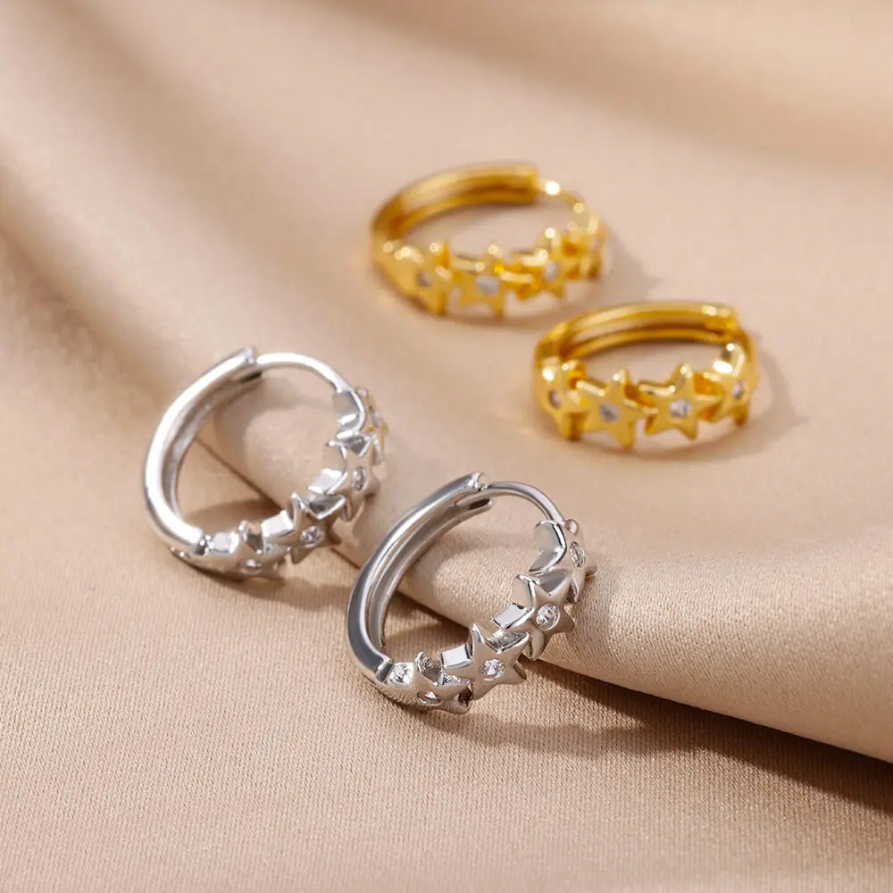 Star Hoop Earrings with Silver Zircon