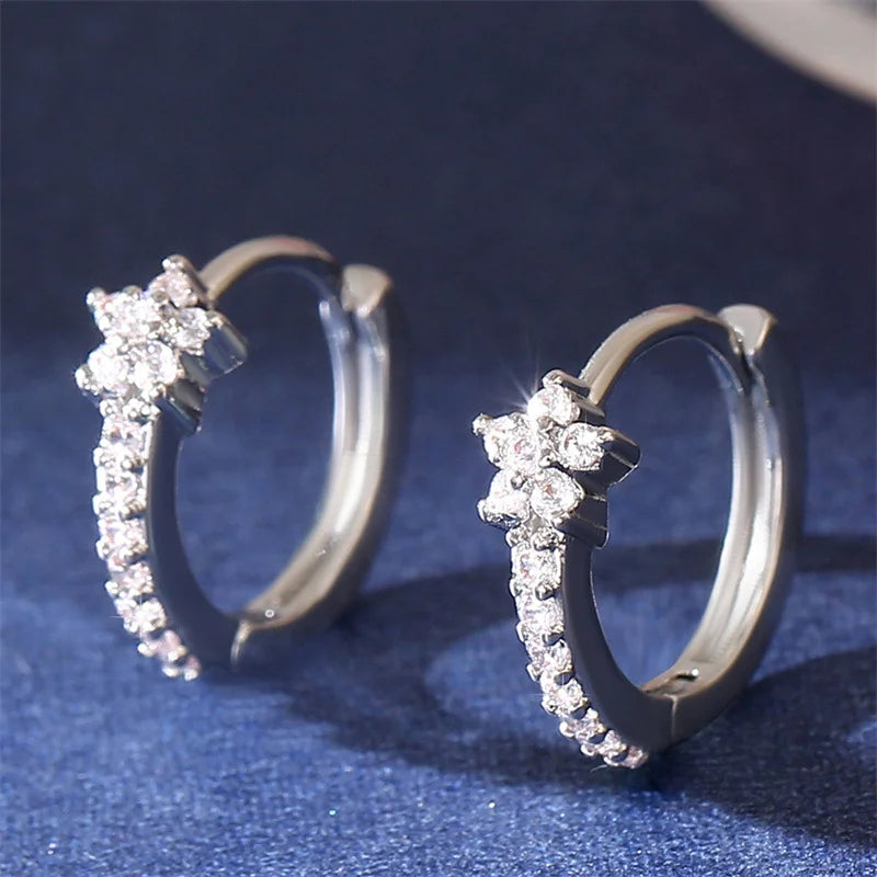 Silver Star Zircon Hoop Earrings