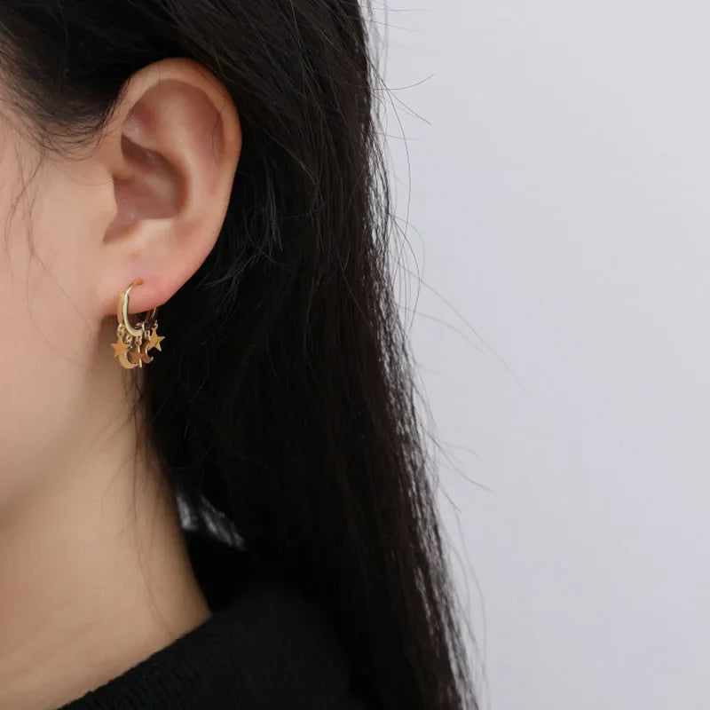 Gold Star and Moon Hanging Hoop Earrings