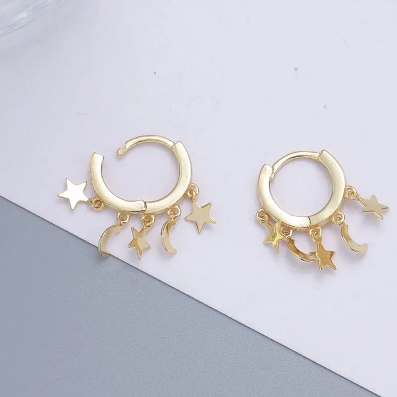 Gold Star and Moon Hanging Hoop Earrings