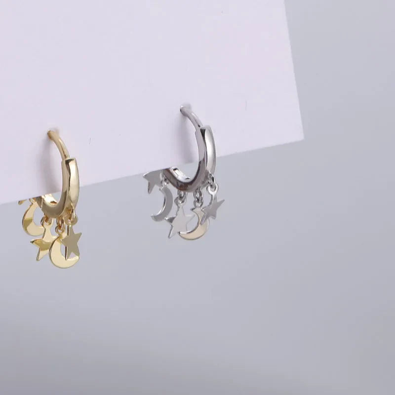 Silver Star and Moon Hanging Hoop Earrings