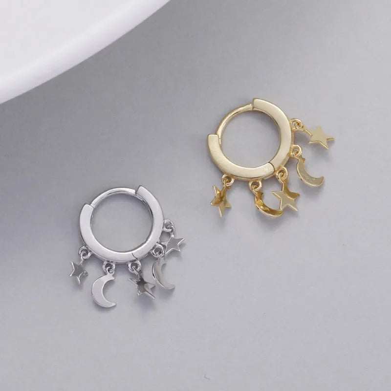 Boucles d'Oreilles Créoles Etoiles et Lunes pendantes argent
