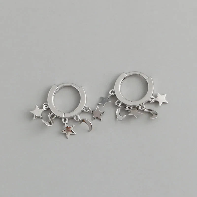 Silver Star and Moon Hanging Hoop Earrings