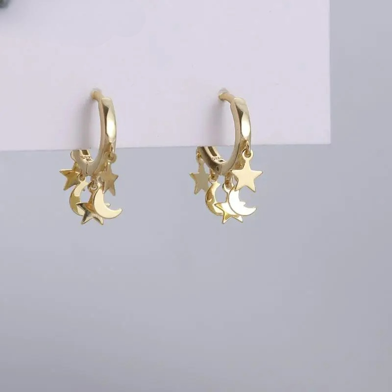 Gold Star and Moon Hanging Hoop Earrings