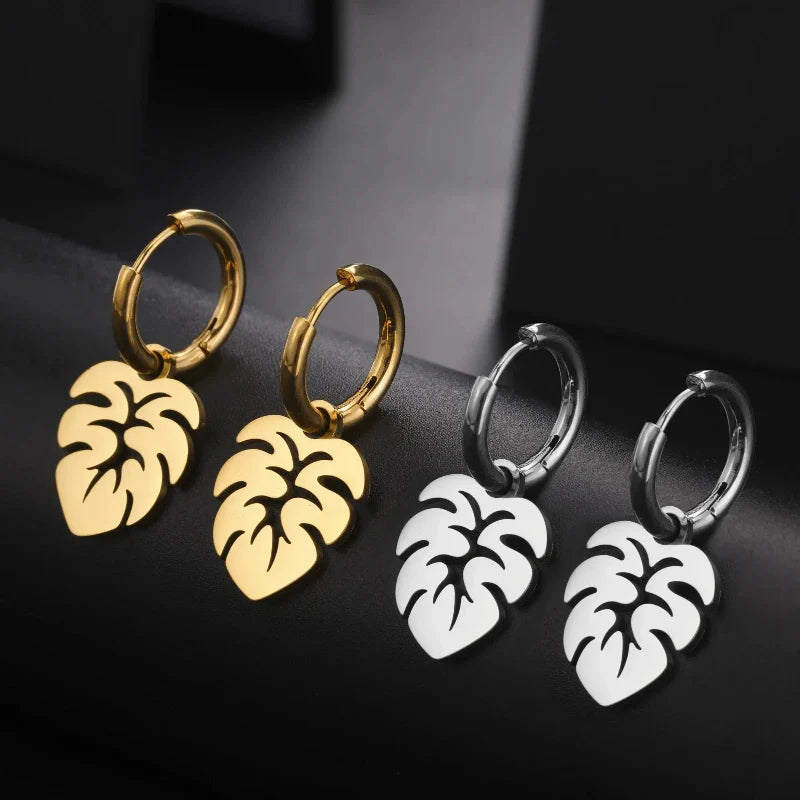 Silver Palm Leaf Hoop Earrings