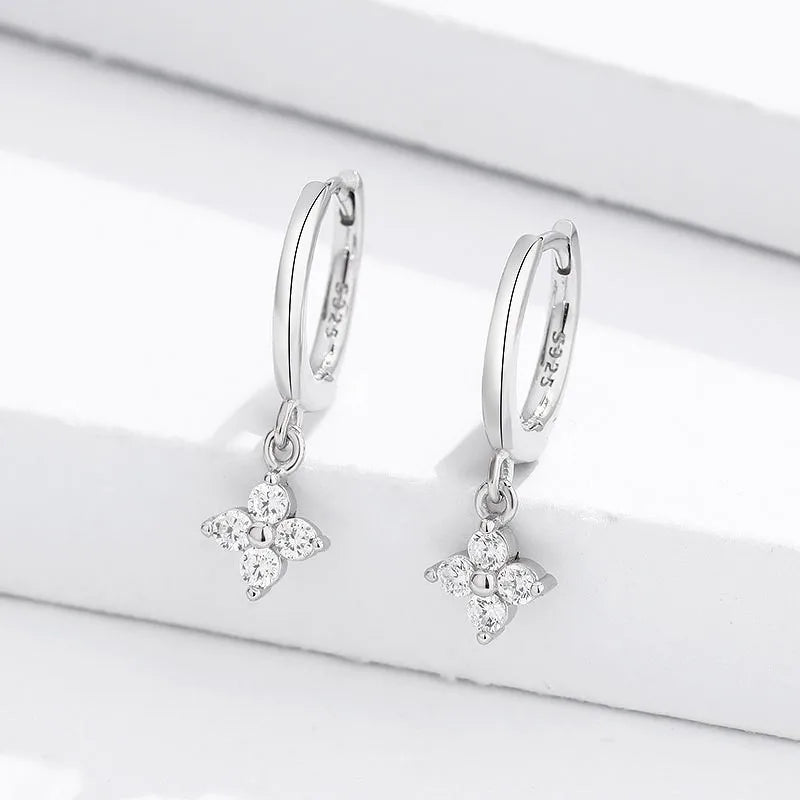 Silver Flower Zircon Hoop Earrings