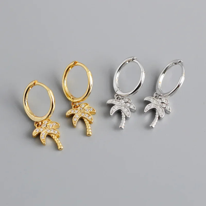 Palm Tree Hoop Earrings with Silver Zircon