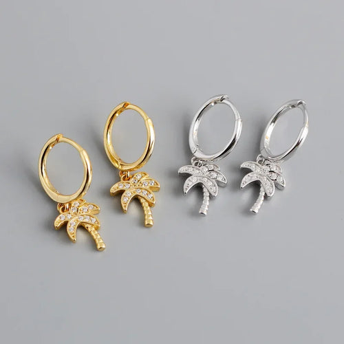 Boucles d'Oreilles Créoles Palmier avec Zircon argent