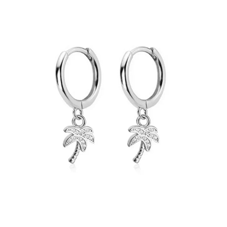Boucles d'Oreilles Créoles Palmier avec Zircon argent
