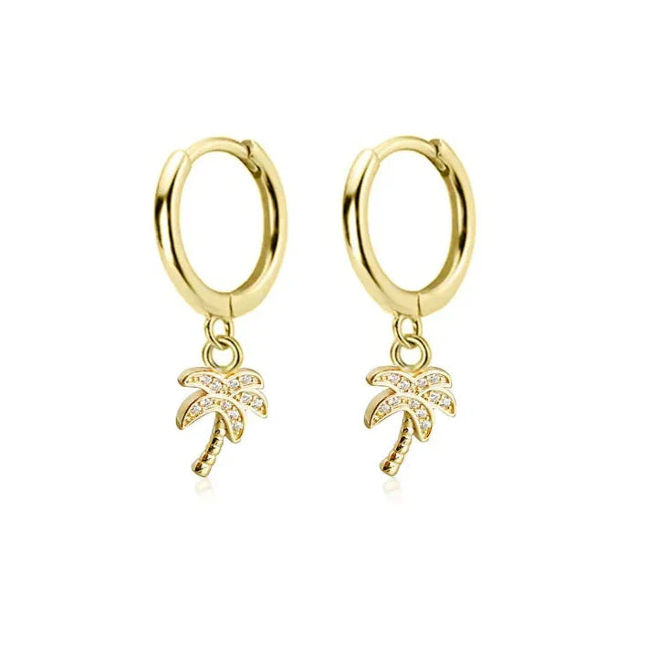 Palm Tree Hoop Earrings with Gold Zircon