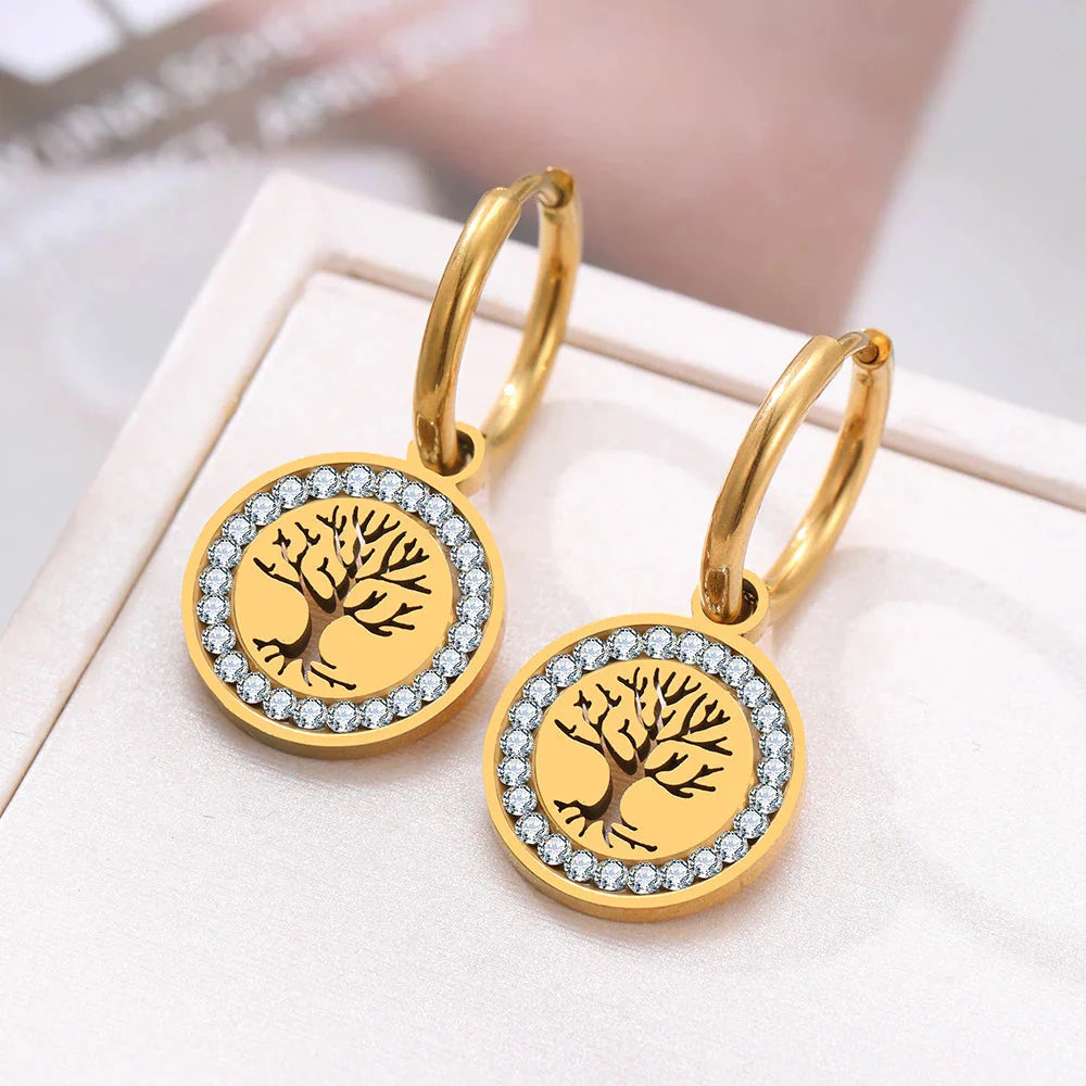 Gold Tree of Life Hanging Hoop Earrings