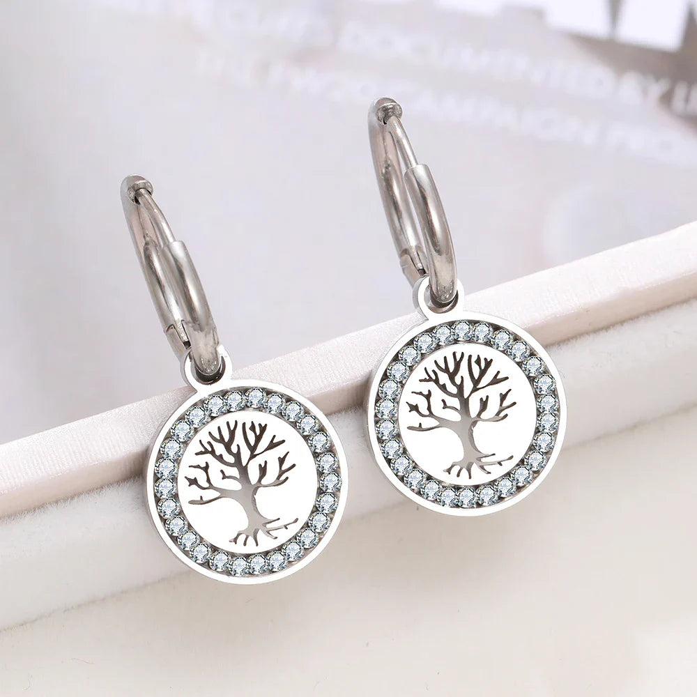 Silver Tree of Life Hanging Hoop Earrings