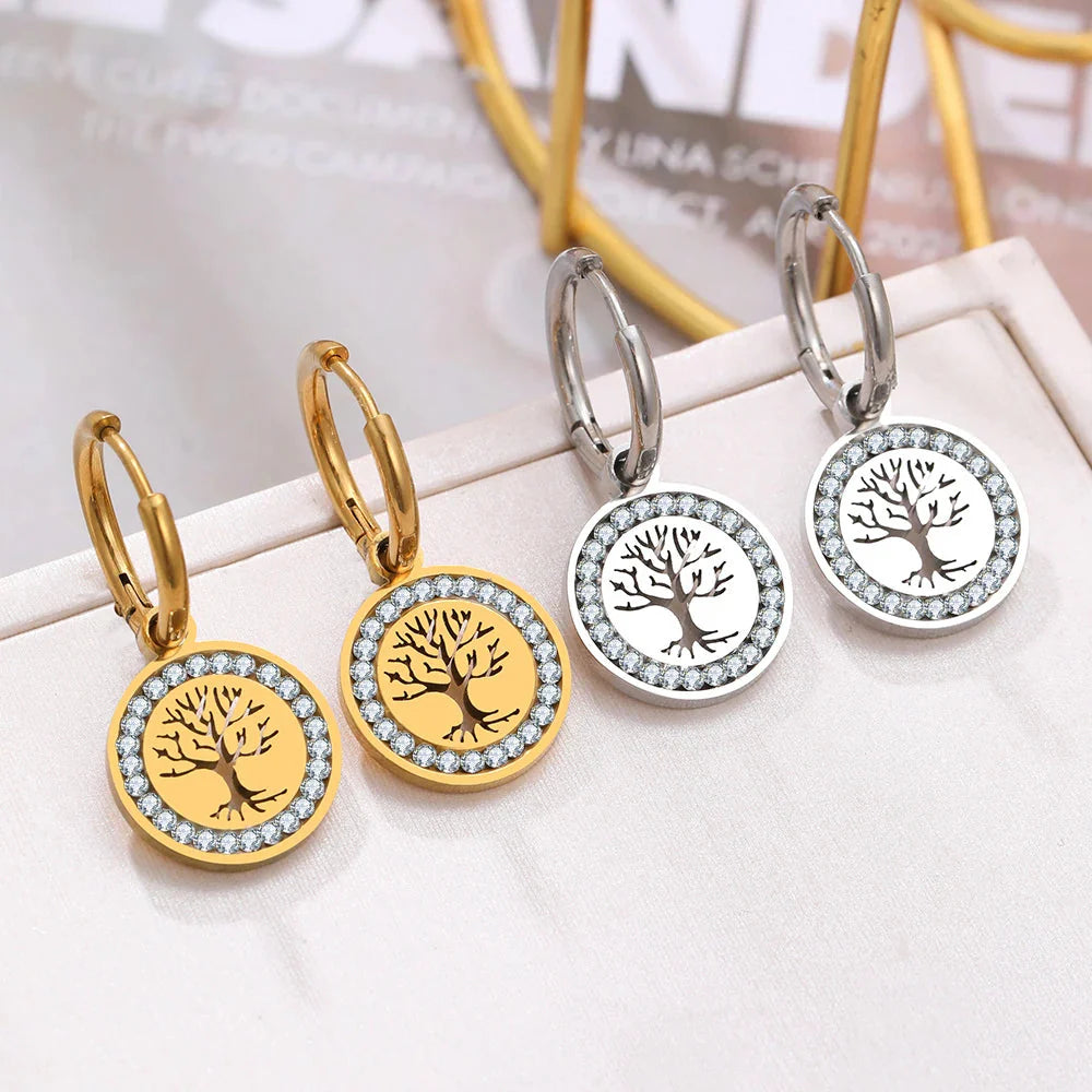 Silver Tree of Life Hanging Hoop Earrings