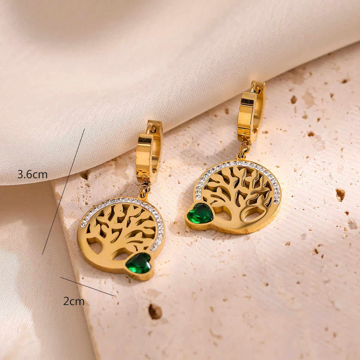 Dangling Hoop Earrings Tree of Life Green Heart
