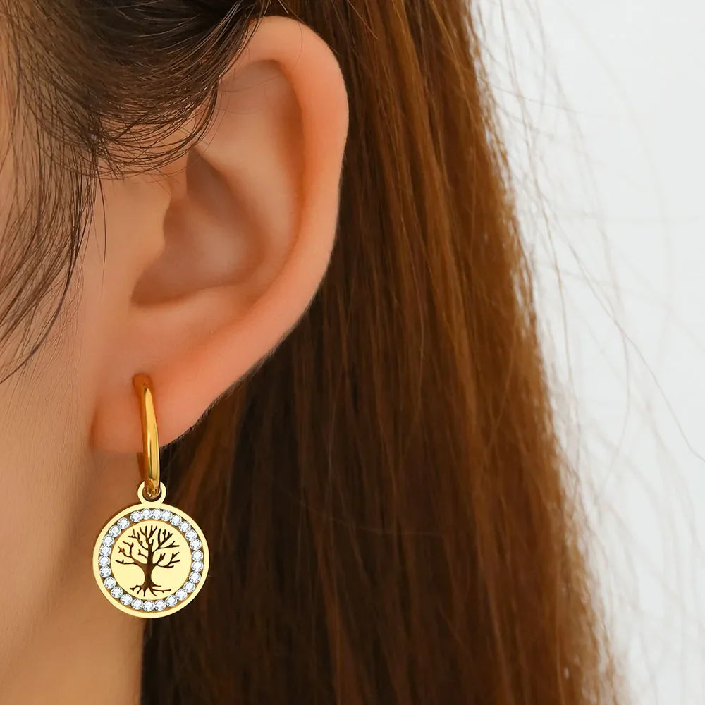 Gold Tree of Life Hanging Hoop Earrings