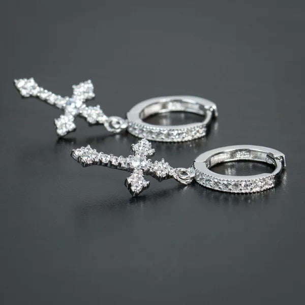 Discrete Cross Earrings Men Women silver style 1