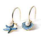 Boucles d'oreilles émaillées coquillage et perle bleu