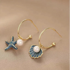 Boucles d'oreilles émaillées coquillage et perle bleu