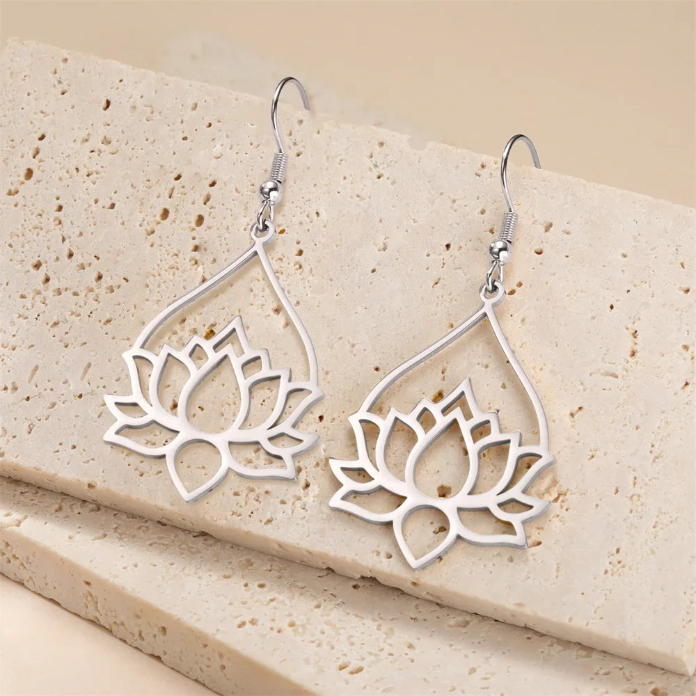 Women's Hanging Lotus Flower Earrings Silver