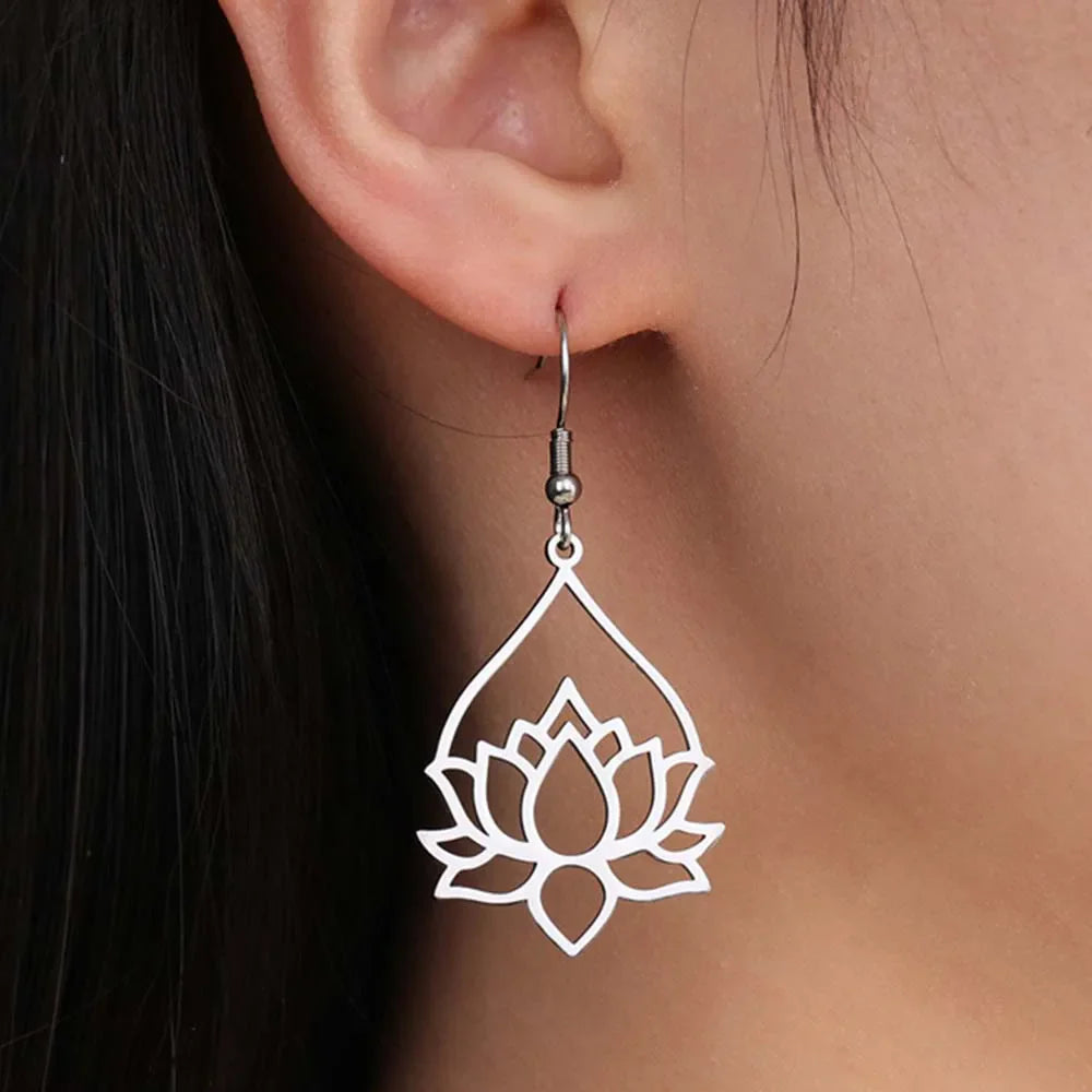 Women's Hanging Lotus Flower Earrings Silver
