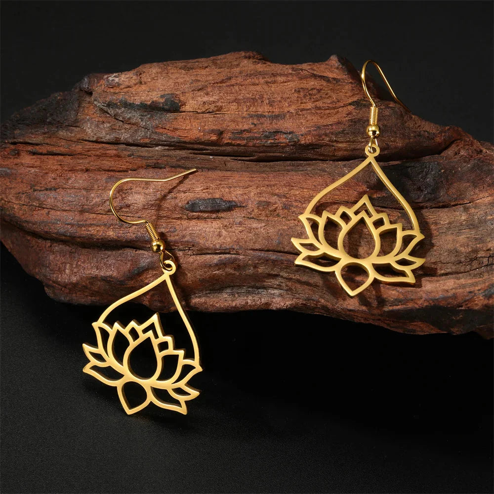 Women's Hanging Lotus Flower Earrings Gold