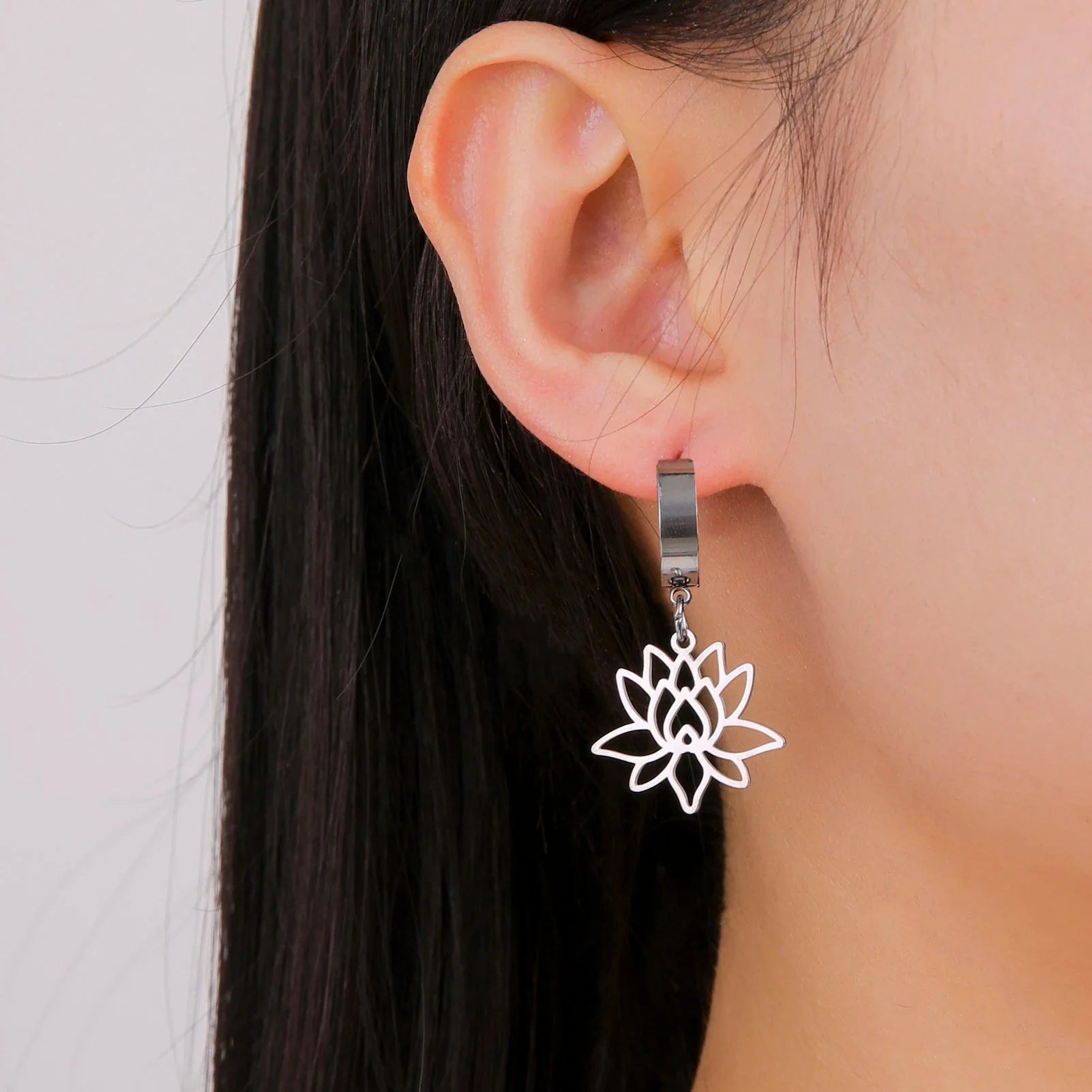 Women's Dangling Earrings Zen Lotus Flower Silver