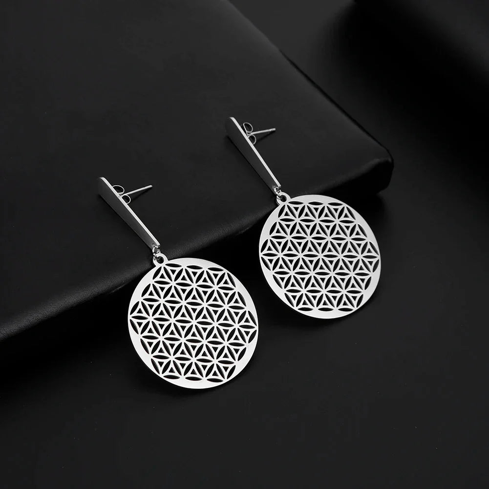 Women's Hanging Flower of Life Mandala Earrings Silver