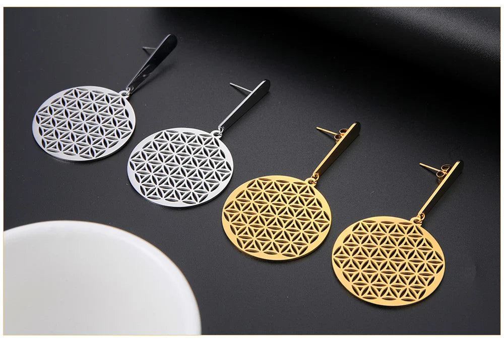 Women's Hanging Flower of Life Mandala Earrings Silver