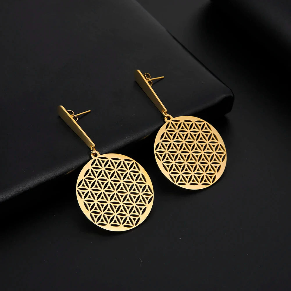 Women's Hanging Flower of Life Mandala Earrings Gold