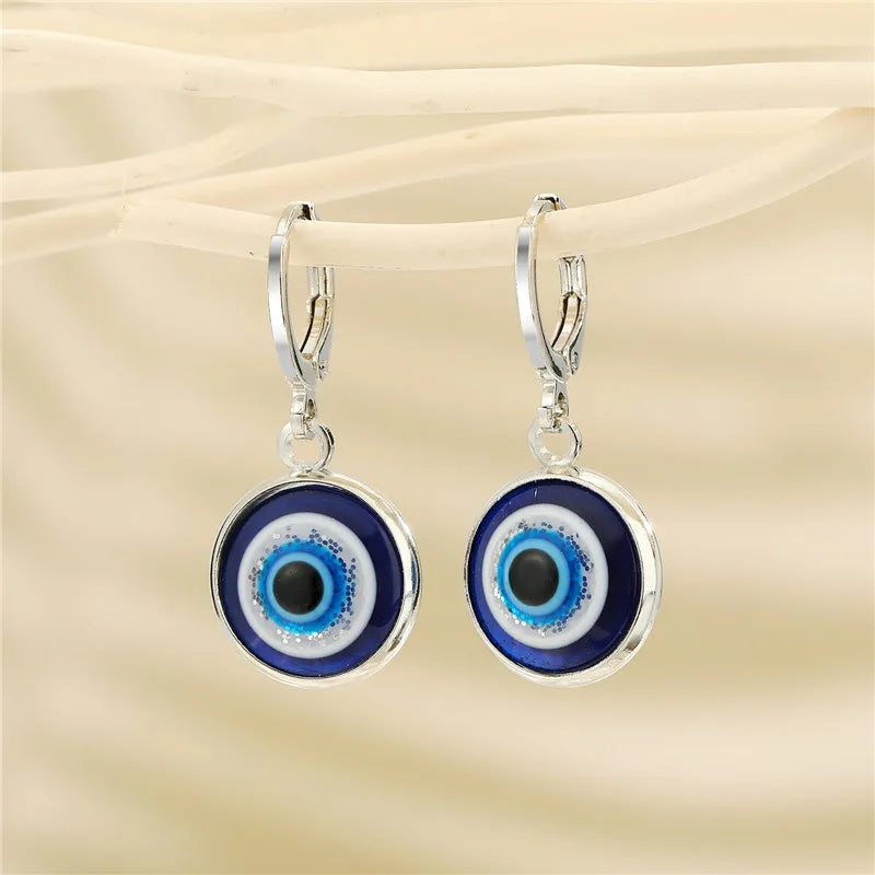 Blue Round Evil Eye Earrings