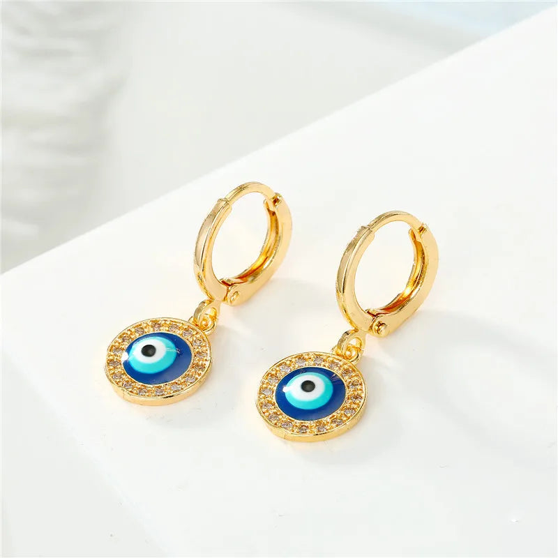 Boucles D'Oreilles Mauvais Oeil Bleu Strass Ronde Or