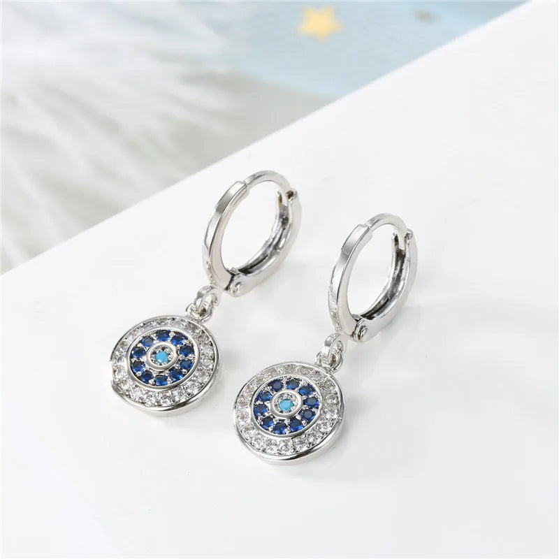 Blue Evil Eye Round Rhinestone Earrings Silver