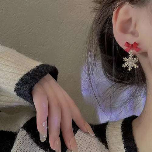 Winter Snowflake Bow Earrings for Women red