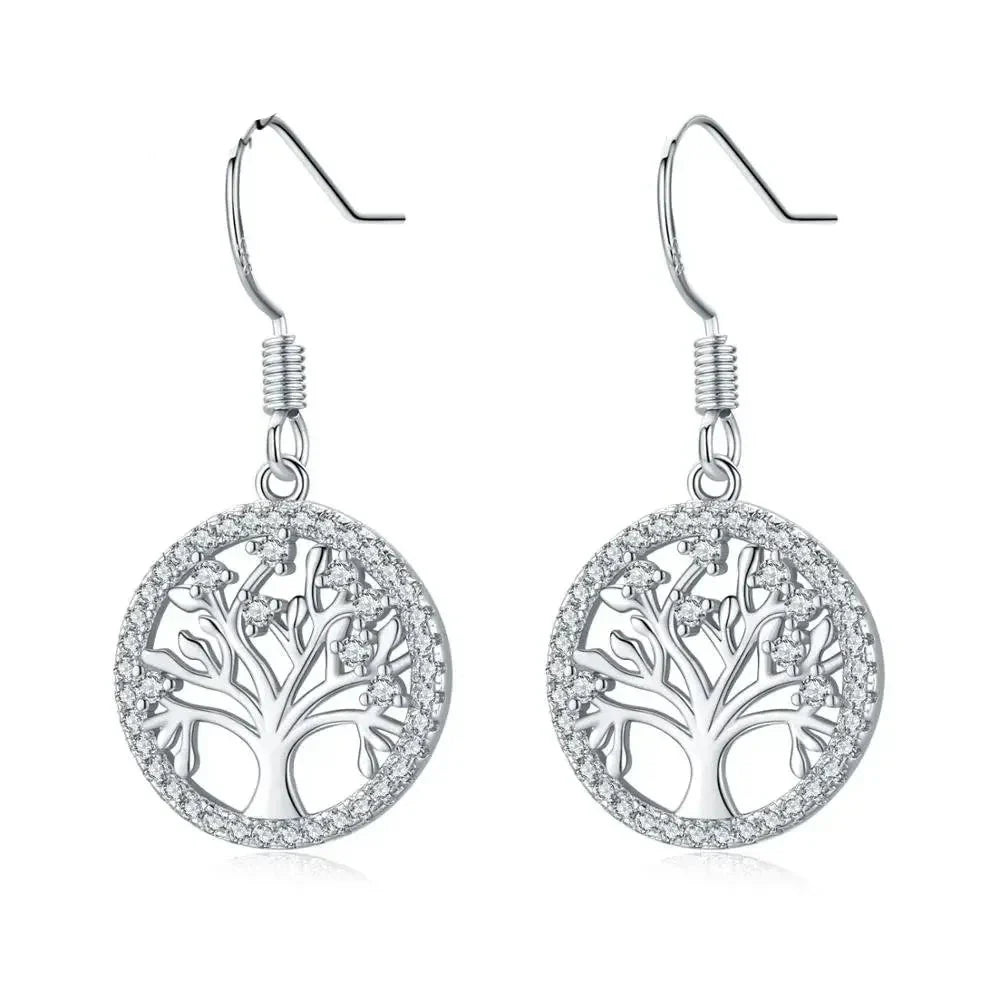 Boucles d'Oreilles Pendantes Arbre de Vie Zircons
