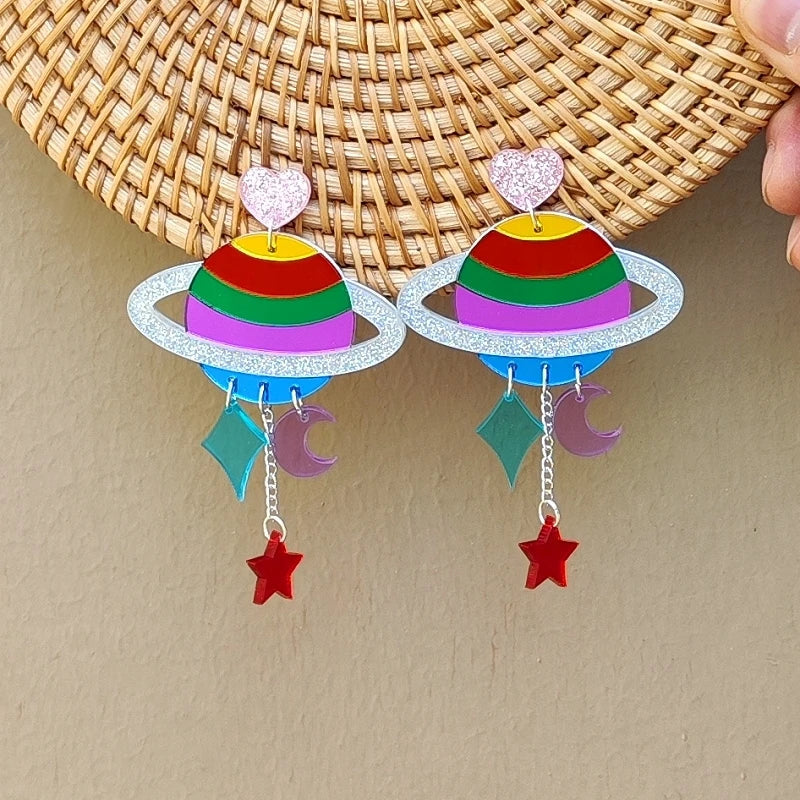 Boucles d'oreilles pendantes arc-en-ciel planète
