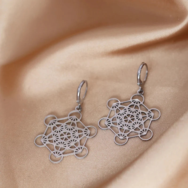 Silver Plated Metatron Cube Dangle Earrings