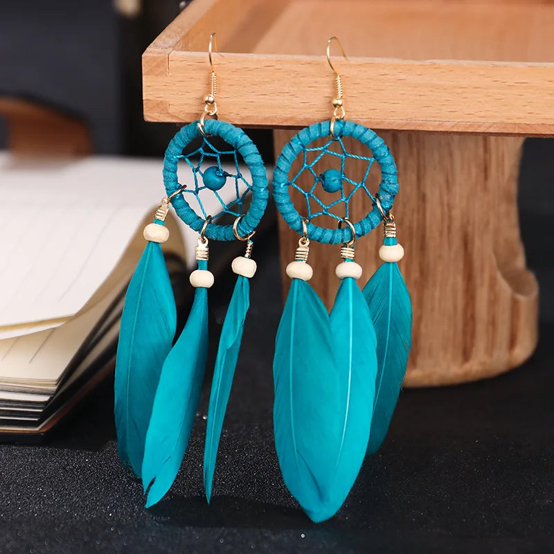 Dreamcatcher and Blue Feather Dangle Earrings