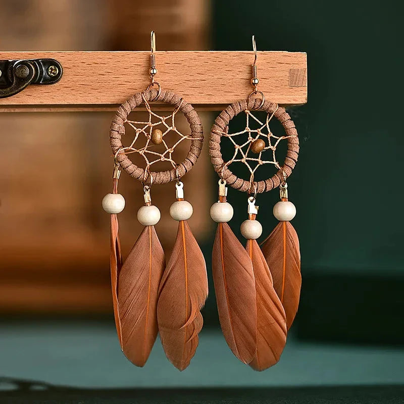 Dreamcatcher and Brown Feather Dangle Earrings
