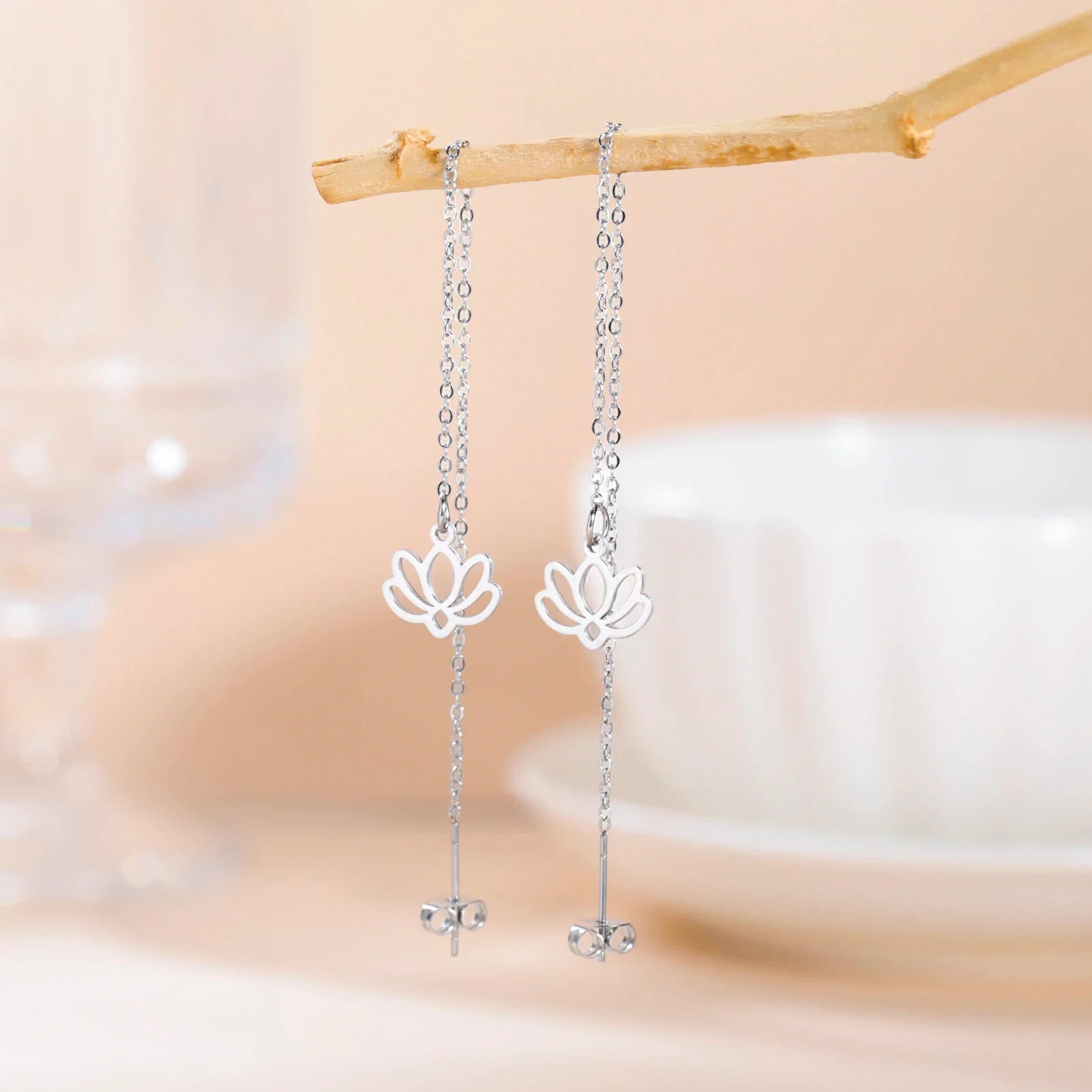 Dangling Earrings with Fine Silver Lotus Flower