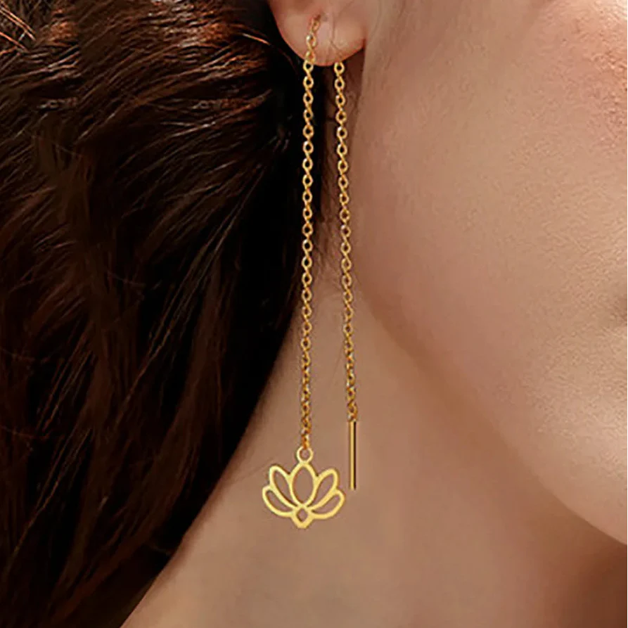Dangling Earrings with Fine Gold Lotus Flower