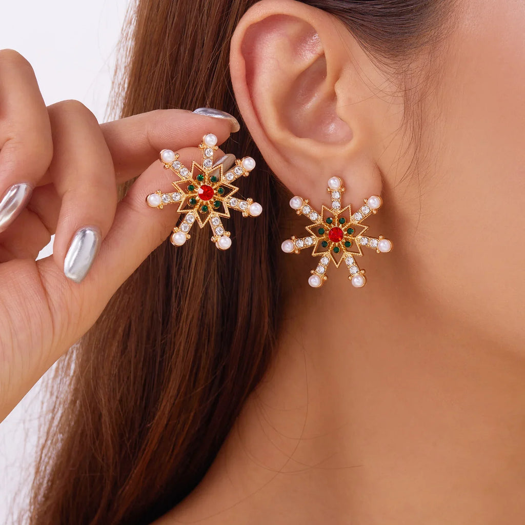 Boucles d'Oreilles Pendantes avec Flocon de Neige rouge et blanc