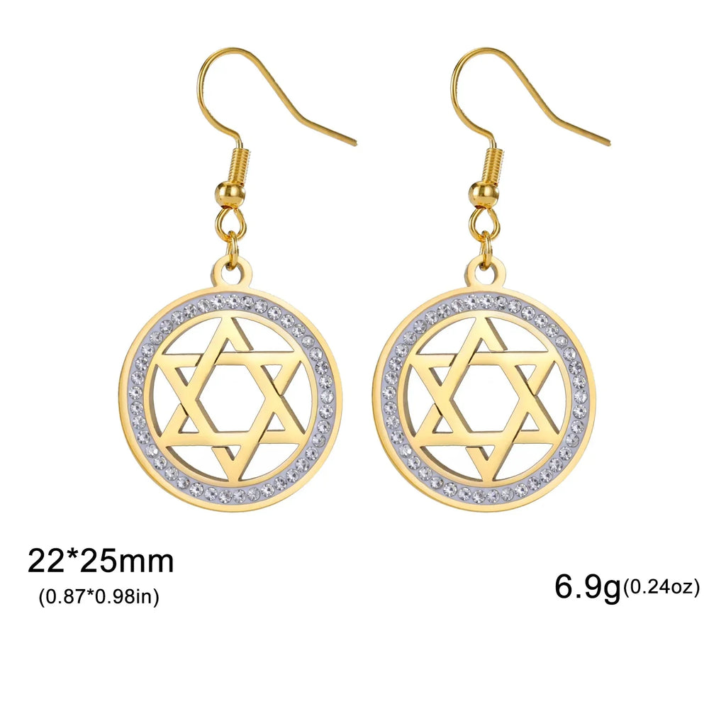 Boucles d'oreilles pendantes avec l'étoile de David et strass symbolique juive or