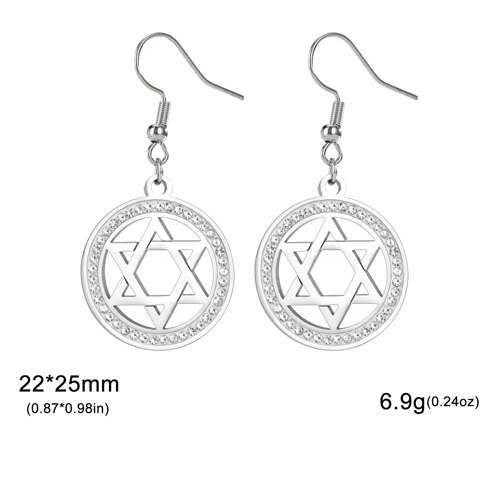 Boucles d'oreilles pendantes avec l'étoile de David et strass symbolique juive argent