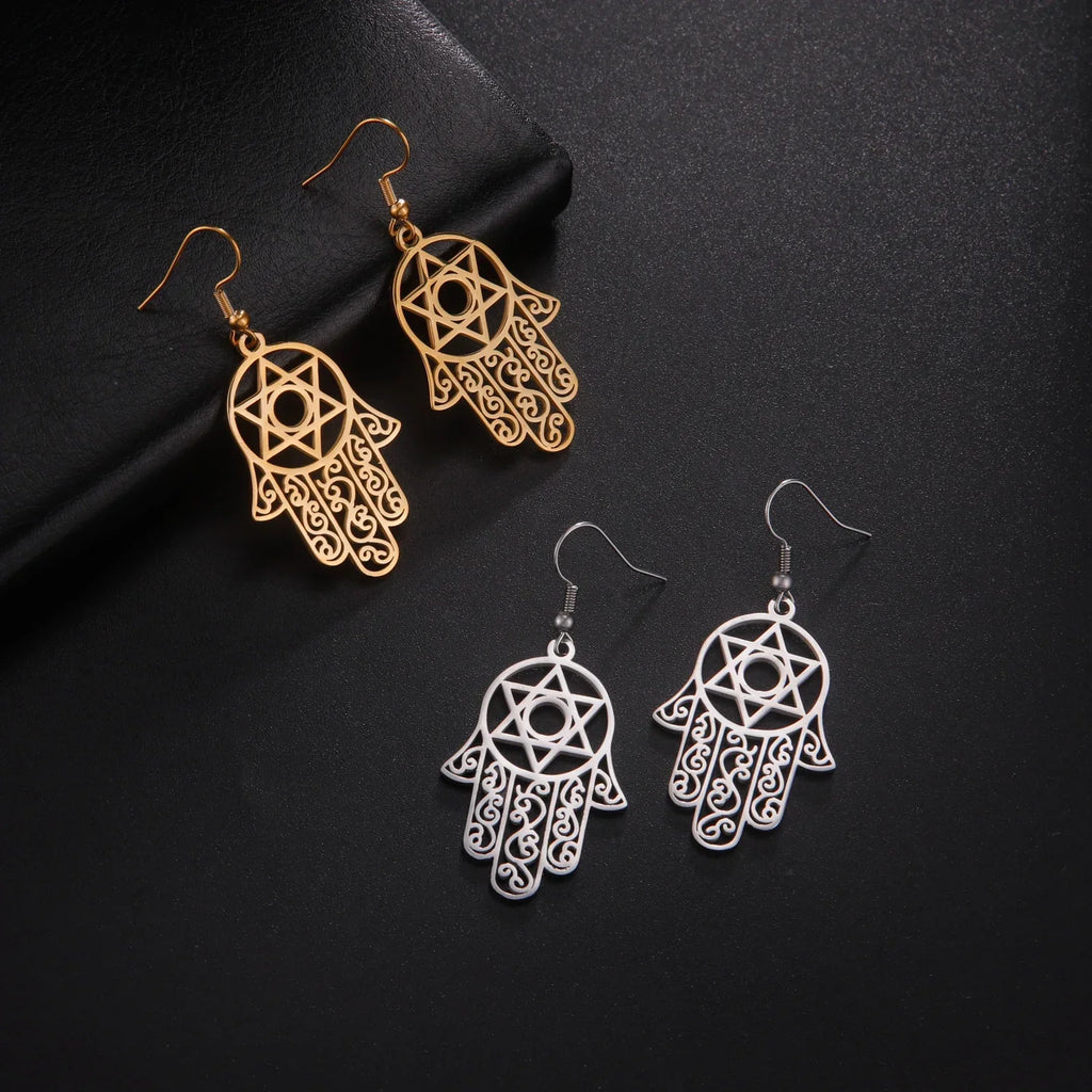 Boucles d'oreilles pendantes avec le symbole juif de protection main de Fatma et étoile de David