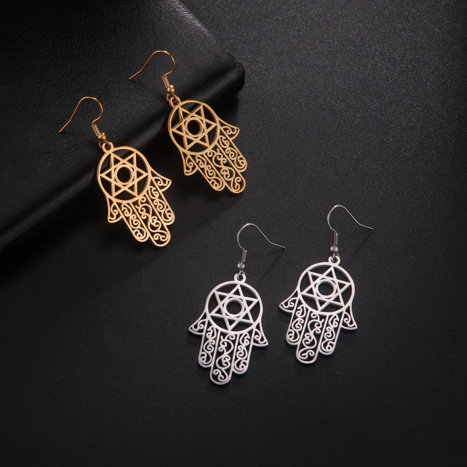 Boucles d'oreilles pendantes avec le symbole juif de protection main de Fatma et étoile de David