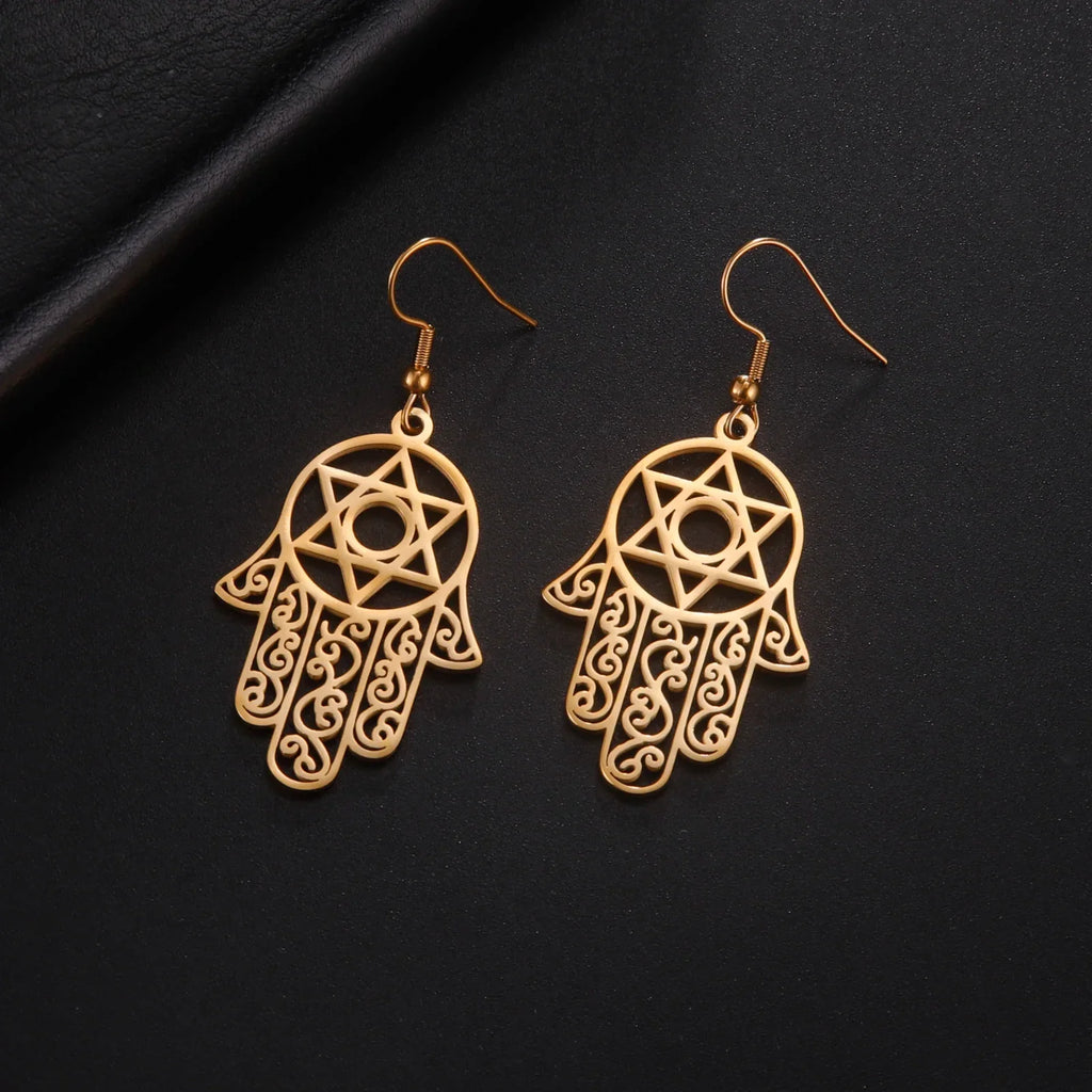 Boucles d'oreilles pendantes avec le symbole juif de protection main de Fatma et étoile de David or