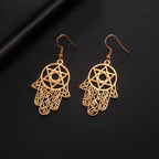 Boucles d'oreilles pendantes avec le symbole juif de protection main de Fatma et étoile de David or