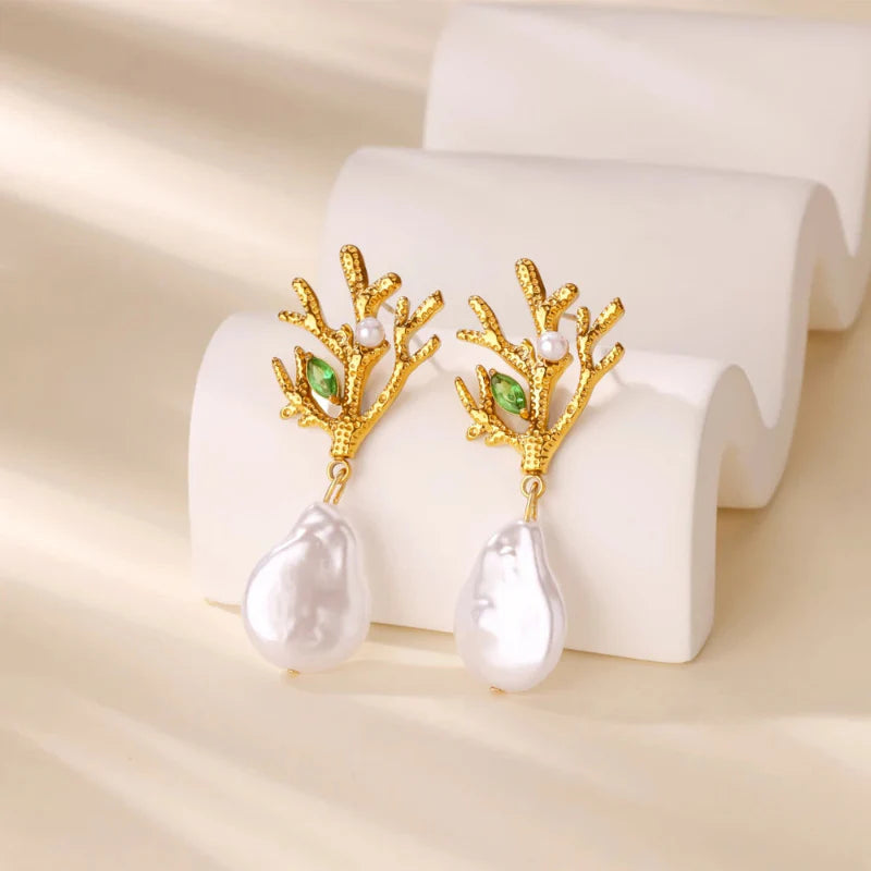 Coral Dangle Earrings with Pearl and Green Zircon