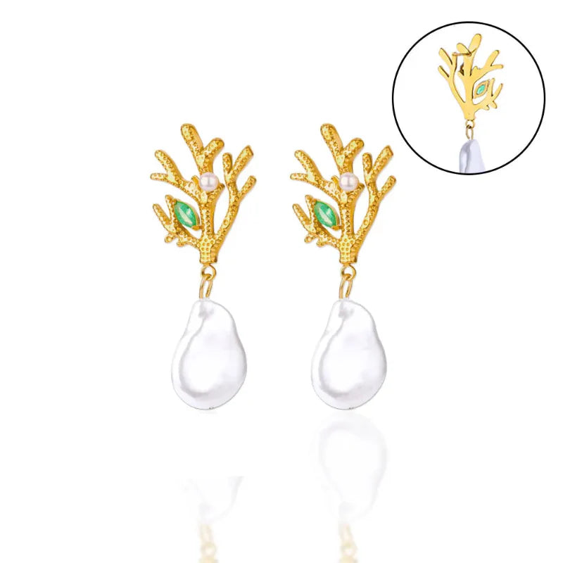 Boucles d'Oreilles Pendantes Corail avec Perle et Zircon vert